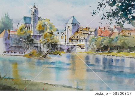 フランス モレロワン城の水彩画風景画のイラスト素材