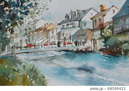 ヨーロッパの小さな村の水彩画風景画のイラスト素材