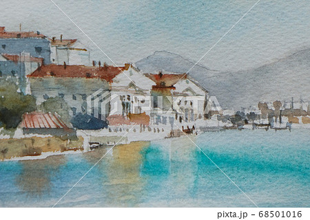 ヨーロッパの小さな港町の水彩画風景画のイラスト素材 [68501016] - PIXTA