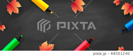 Back to School - blackboard with colored pencils and autumn leaves. Vector illustration. 68501240