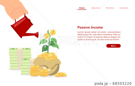Website landing page template cartoon invest and grow your passive income concept piles of coin and bill with sprout green leaf Website landing page template cartoon invest and grow your passive income concept piles of coin and bill with sprout green leaf 68503220