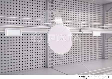 Empty white supermarket shelves with label tag. Empty white supermarket shelves with label tag. 68503291