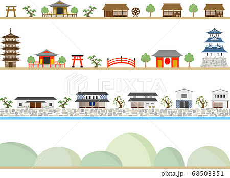 和風建築 町並み セットのイラスト素材