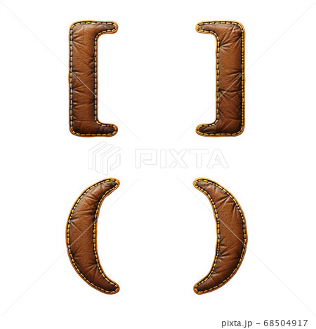 Set of symbols left, right bracket and left, right perentheses made of leather. 3D render font with skin texture isolated on white background. 68504917