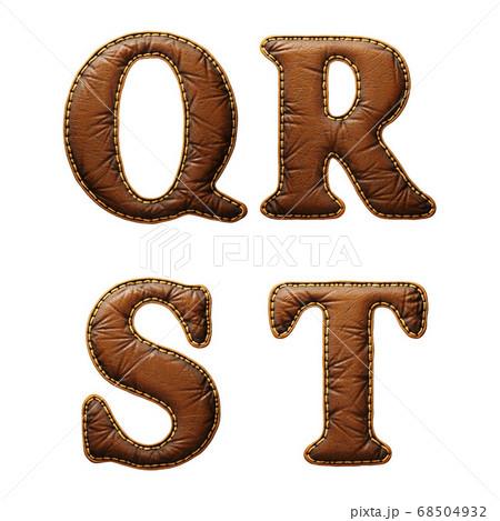 Set of leather letters Q, R, S, T uppercase. 3D render font with skin texture isolated on white background. 68504932