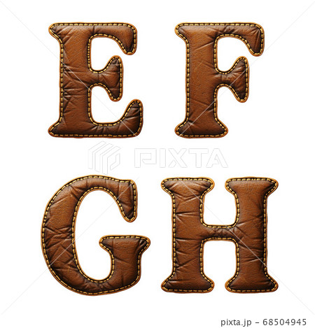 Set of leather letters E, F, G, H uppercase. 3D render font with skin texture isolated on white background. Set of leather letters E, F, G, H uppercase. 3D render font with skin texture isolated on white background. 68504945
