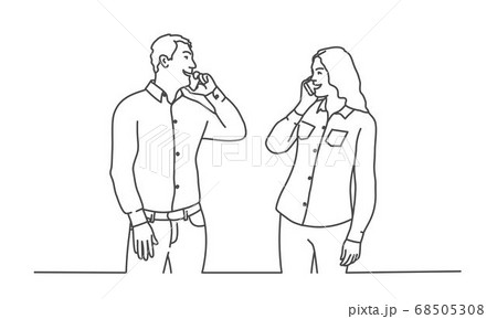 Happy young man and woman talking on a mobile phone. 68505308