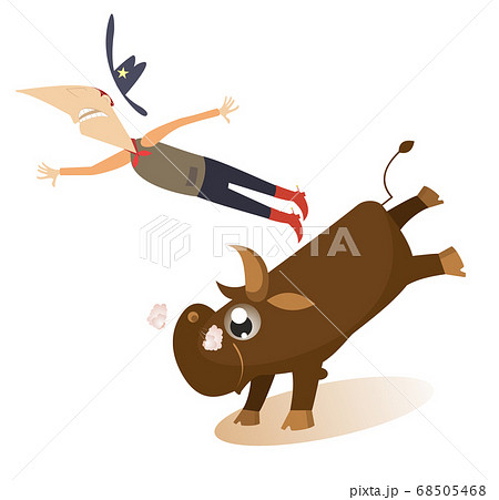 Man or cowboy falls from the bull illustration. Comic man or cowboy in Stetson hat falls from the bull isolated on white 68505468