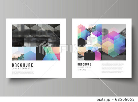 Vector layout of two square format covers design templates with colorful hexagons, geometric shapes, tech background for brochure, flyer, magazine, cover design, book design, brochure cover. Vector layout of two square format covers design templates with colorful hexagons, geometric shapes, tech background for brochure, flyer, magazine, cover design, book design, brochure cover. 68506055