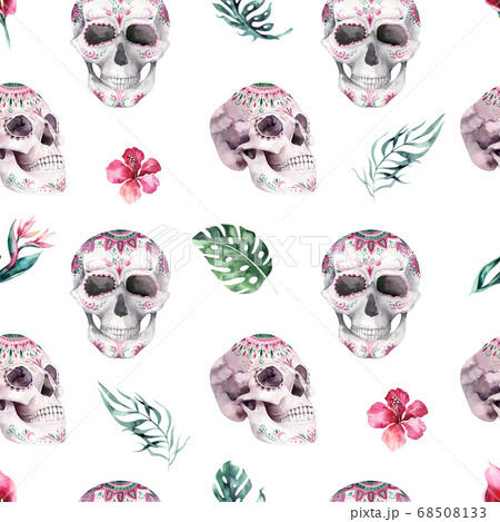 Human Watercolor Skull Seamless Pattern のイラスト素材