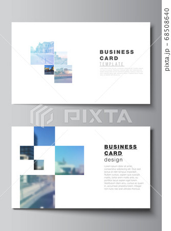 Vector layout of two creative business cards design templates, horizontal template vector design. Abstract design project in geometric style with blue squares. 68508640