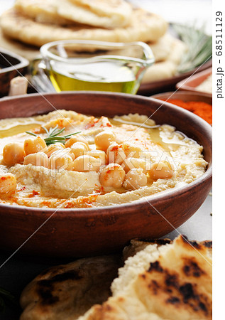 Low angle view at Hummus topped with chickpeas, 68511129