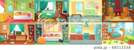 Room interior. Bedroom, living room, kitchen, kids bedroom with furniture. Teenage room with bed, table Room interior. Bedroom, living room, kitchen, kids bedroom with furniture. Teenage room with bed, table 68513338