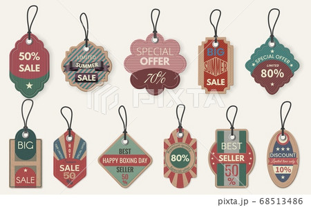 Sale tag label. Discount price shopping labels, retail cardboard card with rope, special deal hanging tags, realistic vector template Sale tag label. Discount price shopping labels, retail cardboard card with rope, special deal hanging tags, realistic vector template 68513486