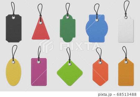 Color paper price tag labels. Realistic colored shopping hanging tags with ropes for pricing marking, message tag mockup, vector set 68513488
