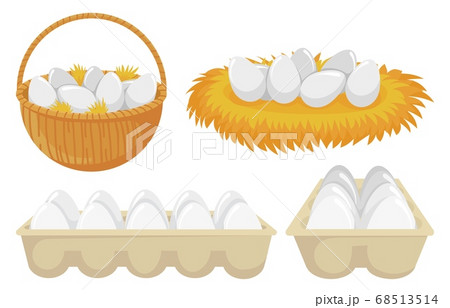 Eggs in nest and basket. Tray of chickens eggs. Open cardboard paper package with organic and natural products Eggs in nest and basket. Tray of chickens eggs. Open cardboard paper package with organic and natural products 68513514