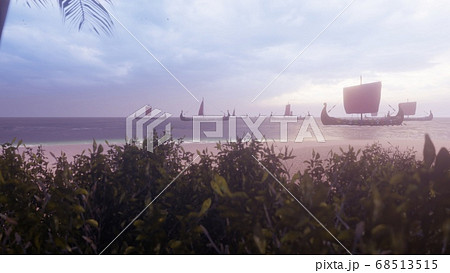 Viking warships sail past a beautiful lost tropical island. Concept on the theme of the Vikings and the early middle ages. 3D Rendering. Viking warships sail past a beautiful lost tropical island. Concept on the theme of the Vikings and the early middle ages. 3D Rendering. 68513515
