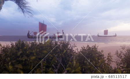 Viking warships sail past a beautiful lost tropical island. Concept on the theme of the Vikings and the early middle ages. 3D Rendering. Viking warships sail past a beautiful lost tropical island. Concept on the theme of the Vikings and the early middle ages. 3D Rendering. 68513517