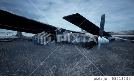 Abandoned and destroyed planes are in the field. A lot of rusty, forgotten and broken planes. 3D Rendering. 68513539