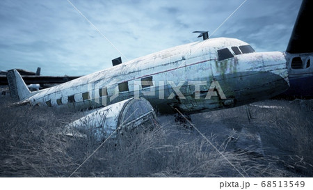 Abandoned and destroyed planes are in the field. A lot of rusty, forgotten and broken planes. 3D Rendering. Abandoned and destroyed planes are in the field. A lot of rusty, forgotten and broken planes. 3D Rendering. 68513549