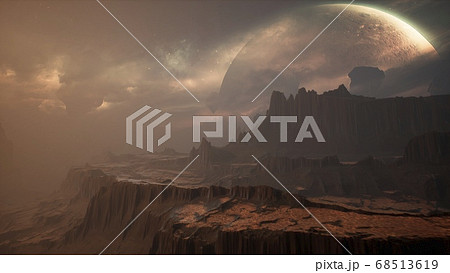 Panoramic landscape on the surface of an alien unusual planet. 3D Rendering. 68513619