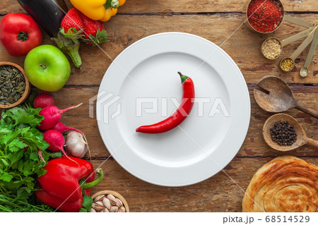 Top view of frame of various vegetables, herbs, oriental spices, white plate Top view of frame of various vegetables, herbs, oriental spices, white plate 68514529