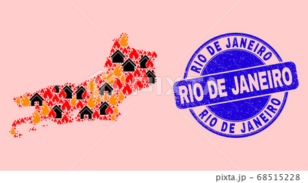 Rio De Janeiro State Map Mosaic of Flame and Buildings and Distress Rio De Janeiro Seal 68515228