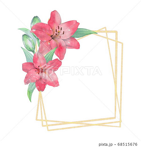 Elegant gold frame with Coral lilies. Watercolor illustration. Suitable for decorating of invitations, greeting cards, business cards Elegant gold frame with Coral lilies. Watercolor illustration. Suitable for decorating of invitations, greeting cards, business cards 68515676