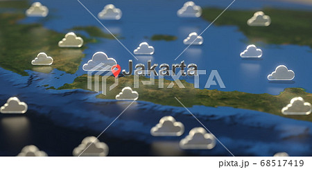 Jakarta city and cloudy weather icon on the map, weather forecast related 3D rendering 68517419