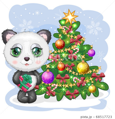 Cute cartoon panda bear with big eyes with a gift near the Christmas tree, greeting card, New Year and Christmas Cute cartoon panda bear with big eyes with a gift near the Christmas tree, greeting card, New Year and Christmas 68517723