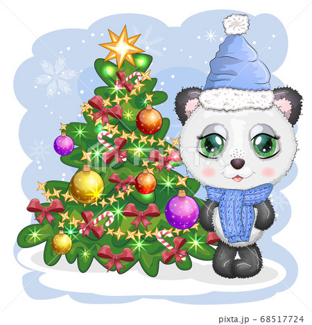 Cute cartoon panda bear with big eyes in a scarf and hat near the Christmas tree, boy and girl, greeting card Cute cartoon panda bear with big eyes in a scarf and hat near the Christmas tree, boy and girl, greeting card 68517724