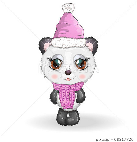 Cute cartoon panda bear with big eyes in a scarf and hat. boy and girl, greeting card Cute cartoon panda bear with big eyes in a scarf and hat. boy and girl, greeting card 68517726