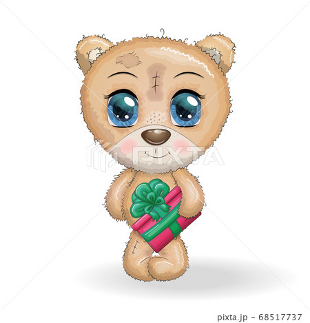 Cute cartoon bear with big eyes and a Christmas gift in the paws on a white background for your designs. Cute cartoon bear with big eyes and a Christmas gift in the paws on a white background for your designs. 68517737
