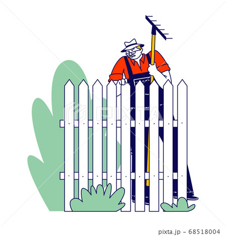 Senior Neighbor Character Wear Overalls and Panama Hat with Rake in Hands Stand at Fence with Sullen Face Expression 68518004