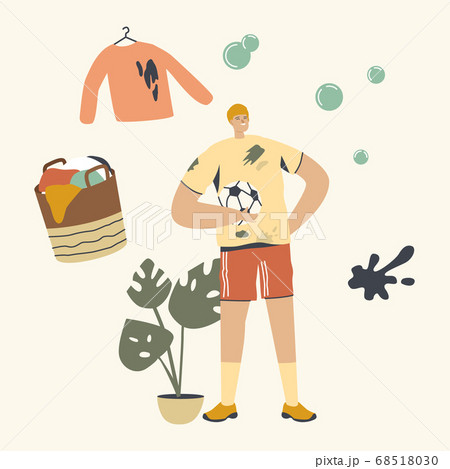 Sportsman Character Put Soil Stain on Clothes during Football Game. Household and Washing Clothing Chores, Visit Laundry Sportsman Character Put Soil Stain on Clothes during Football Game. Household and Washing Clothing Chores, Visit Laundry 68518030