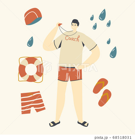 Swimming Sport Class Coach Teaching Swimmers Characters in Pool. Trainer in Sports Wear with Whistle Stand at Poolside 68518031