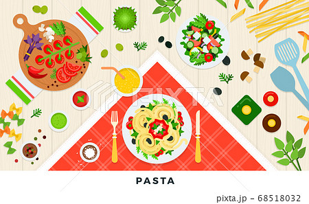 Pasta and ravioli cooking and ingredients. Spaghetti dishes isolated on white. Vector illustration 68518032