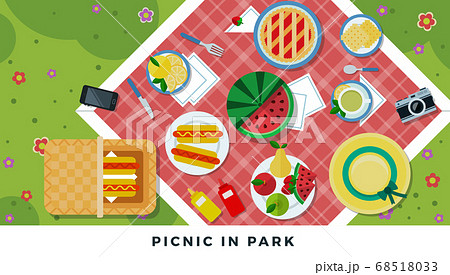 Summer picnic in park basket card background. Composed of Cupcakes, Fruits, and Sandwiches vector flat set illustration Summer picnic in park basket card background. Composed of Cupcakes, Fruits, and Sandwiches vector flat set illustration 68518033