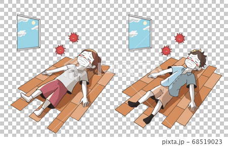 熱中症と新型コロナウイルスで倒れる 室内のイラスト素材