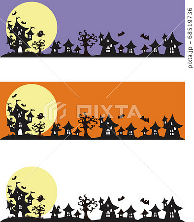 ハロウィン 秋 おばけ屋敷 街 シルエット バナー 背景 セットのイラスト素材