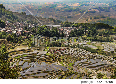 Aerial view of Yuanyang rice terraces in Honghe Prefecture in southeastern Yunnan province, China 68519766