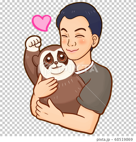 笑顔でスローロリスを抱っこする男性 68519869