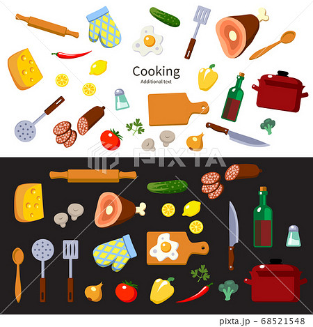 Set of kitchen utensils and food for cooking. Vector illustration. Set of kitchen utensils and food for cooking. Vector illustration. 68521548