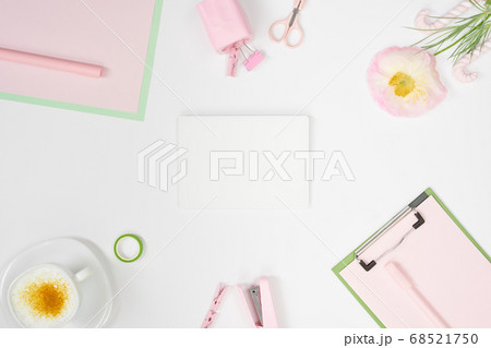 Girl workplace mockup with organizer and stationary Girl workplace mockup with organizer and stationary 68521750