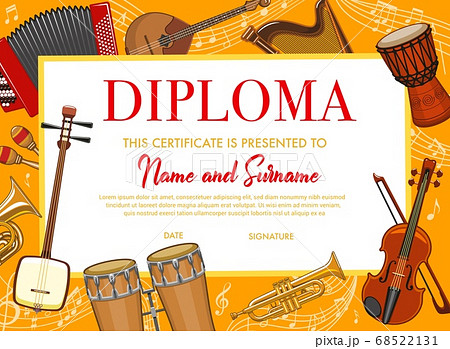 Education kids diploma with musical instruments 68522131