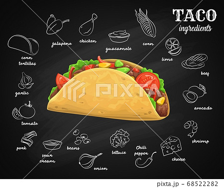 Tacos ingredients, chalkboard menu fast food 68522282