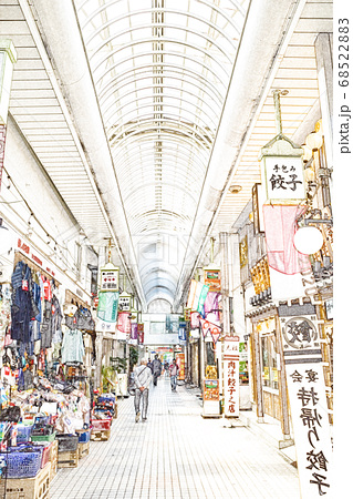 都市風景 阿佐ヶ谷 北口 アーケード街 色鉛筆 のイラスト素材