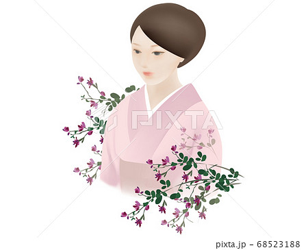 和服姿の女性 上半身 夏 秋 萩の花のイラスト素材