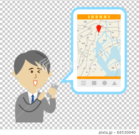 Illustration image of a male office worker who uses a map application on a smartphone 68530040