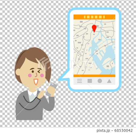 在智能手機上使用地圖應用程序的女性上班族的插圖圖像 68530042
